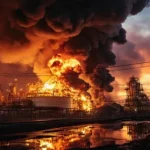 Палаючий НПЗ Росії після атаки БПЛА вночі