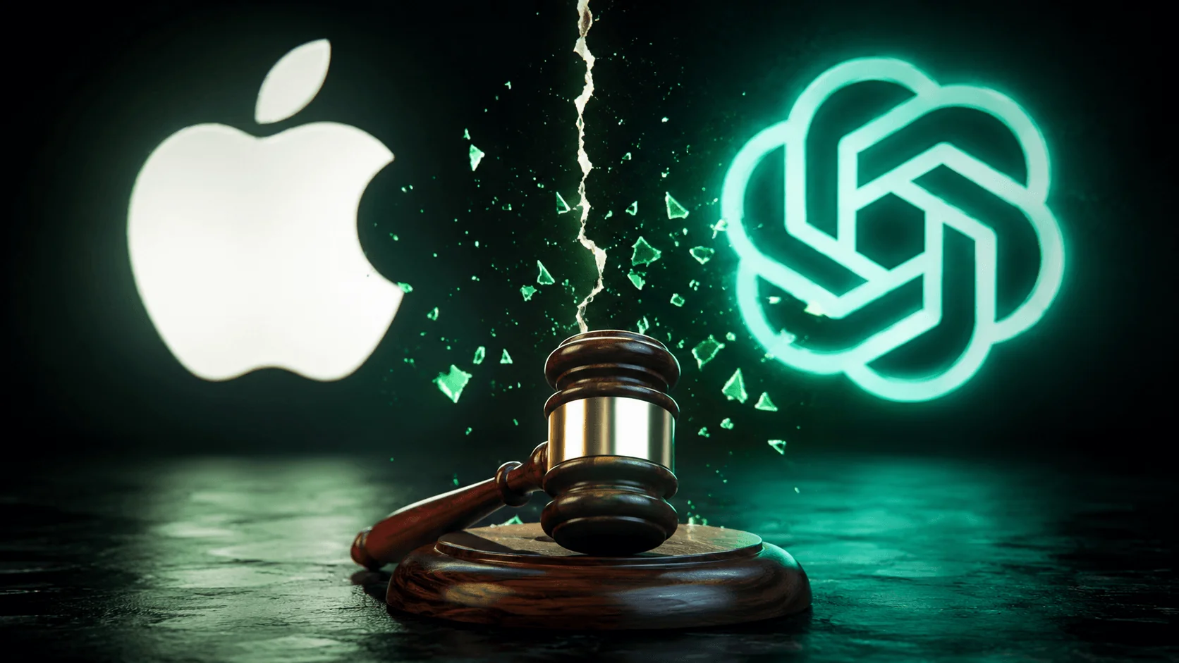 Судовий молоток між логотипами Apple та OpenAI під час позову за таємниці