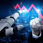 Роботизована рука та фінансист аналізують графік ризиків ШІ у фінтеху