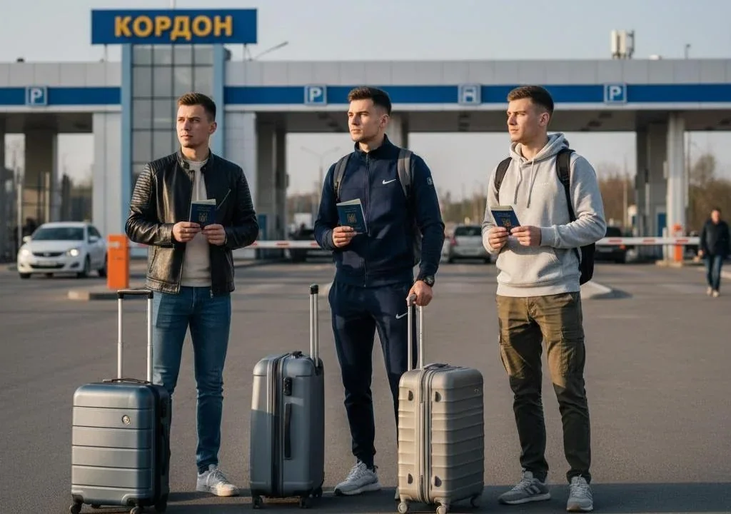Молоді чоловіки з паспортами та валізками виїжджають за кордон на пункті КОРДОН