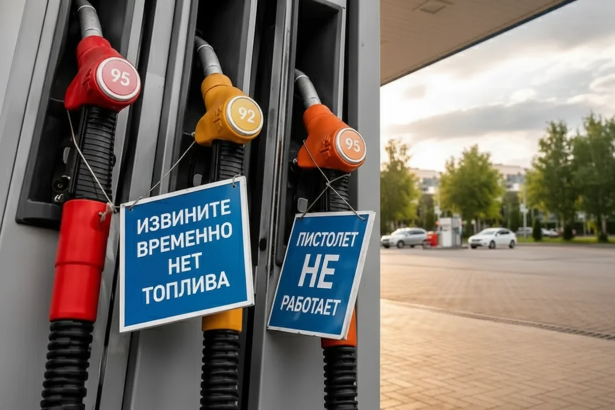 Паливні колонки АЗС з табличками про відсутність пального через дефіцит