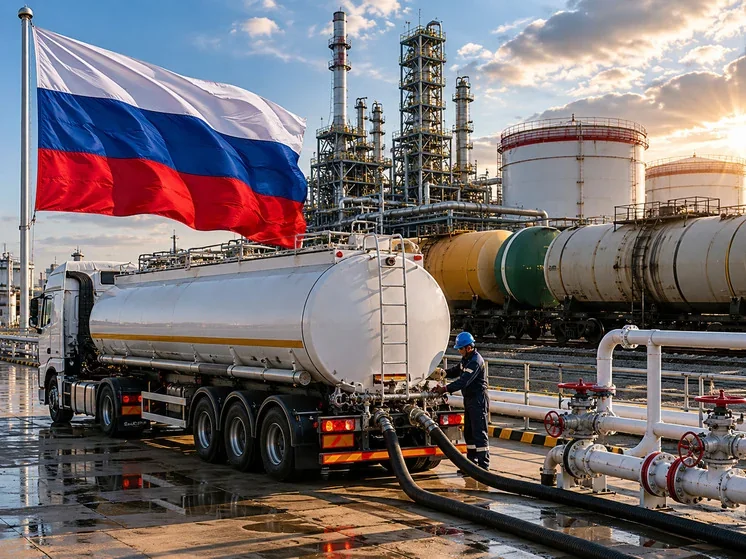 Російський нафтозавод з цистерною дизельного палива під прапором РФ