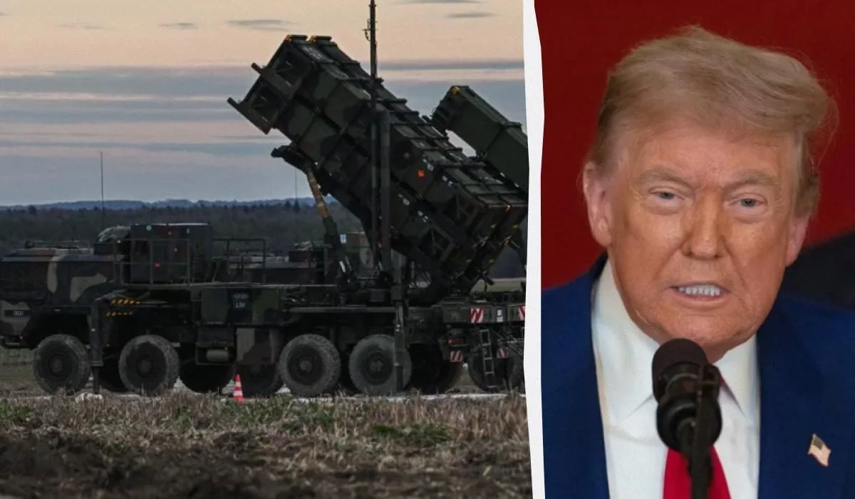 Дональд Трамп і пускова установка Patriot під час заяви про ліцензію для України