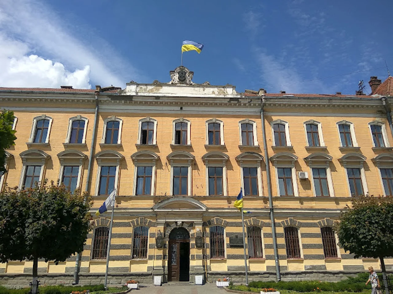 Жовтий фасад будівлі з українським прапором на даху та деревами біля входу
